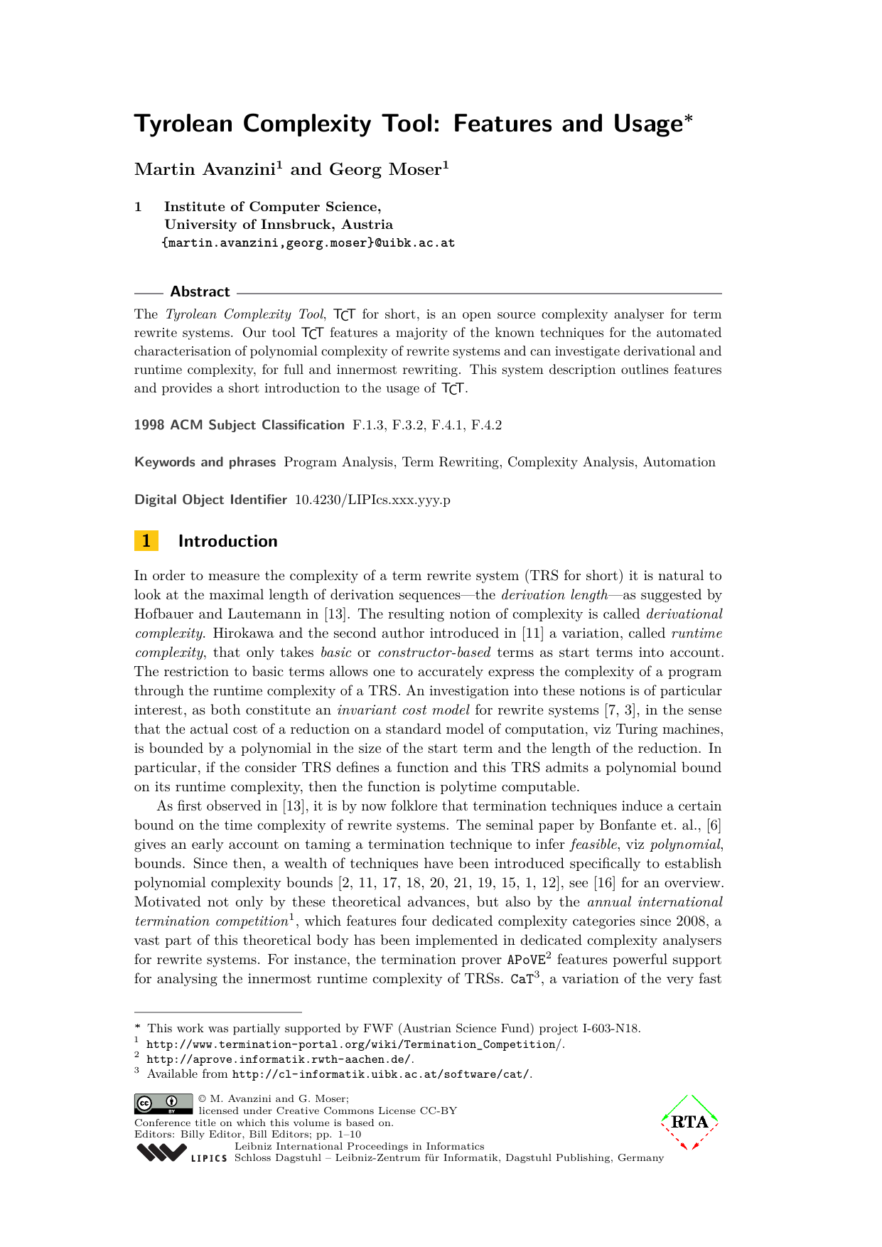 Tyrolean Complexity Tool: Features and Usage