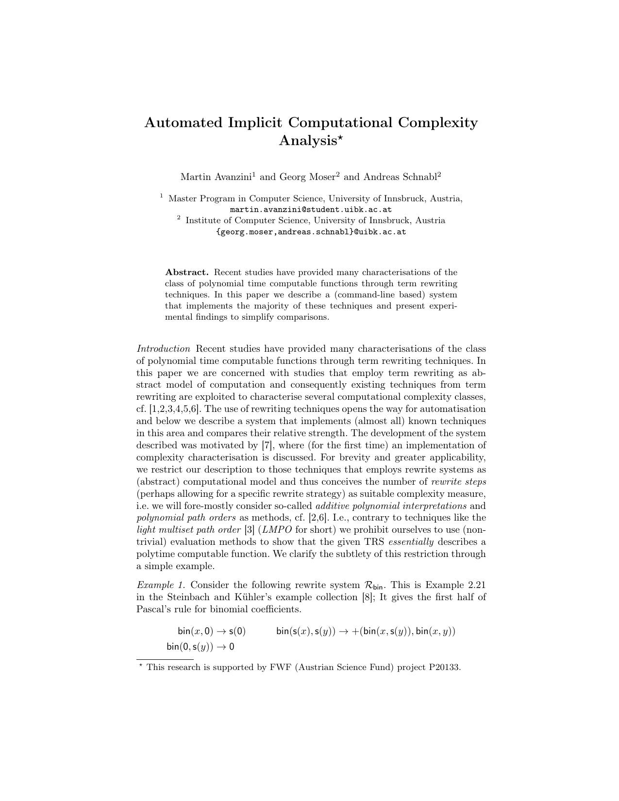 Automated Implicit Computational Complexity Analysis (System Description)